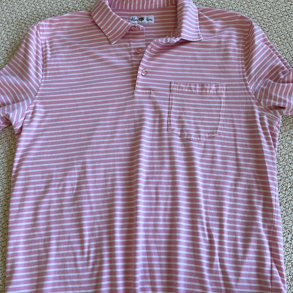 Alan Paine pink and white striped polo